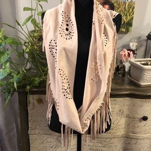L’AMOUR FAUX SUEDE BEIGE INFINITY SCARF WITH PAISLEY CUT OUTS AND FRINGE